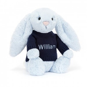 MEDIUM Jellycat Bashful Blue Bunny with Personalised Navy Jumper 31 CM X 12 CM, Jellycat USA | FB3271059