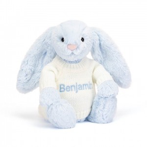 MEDIUM Jellycat Bashful Blue Bunny with Personalised Cream Jumper 31 CM X 12 CM, Jellycat USA | OZ4016938