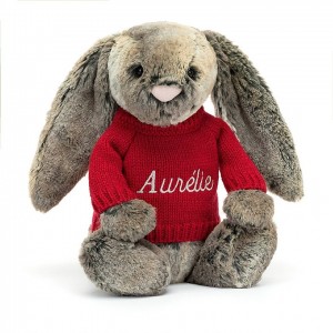 MEDIUM Jellycat Bashful Cottontail Bunny with Personalised Red Jumper 31 CM X 12 CM, Jellycat USA | KH9845076