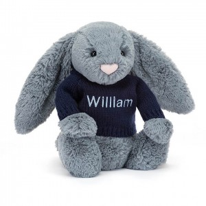 MEDIUM Jellycat Bashful Dusky Blue Bunny with Personalised Navy Jumper 31 CM X 12 CM, Jellycat USA | LN1597248