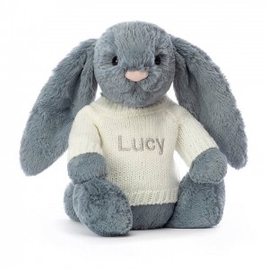 MEDIUM Jellycat Bashful Dusky Blue Bunny with Personalised Cream Jumper 31 CM X 12 CM, Jellycat USA | BE7186240