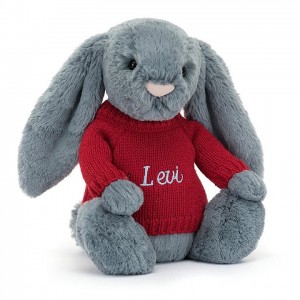MEDIUM Jellycat Bashful Dusky Blue Bunny with Personalised Red Jumper 31 CM X 12 CM, Jellycat USA | MJ8950246