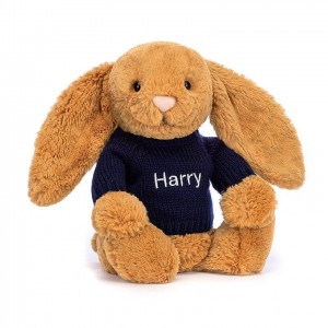 MEDIUM Jellycat Bashful Golden Bunny with Personalised Navy Jumper 31 CM X 12 CM, Jellycat USA | GC5467138