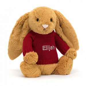 MEDIUM Jellycat Bashful Golden Bunny with Personalised Red Jumper 31 CM X 12 CM, Jellycat USA | RP8792135
