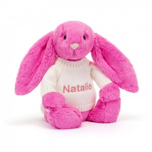 MEDIUM Jellycat Bashful Hot Pink Bunny with Personalised Cream Jumper 31 CM X 12 CM, Jellycat USA | BM5368927