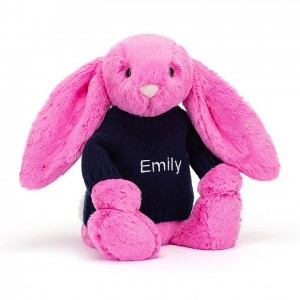 MEDIUM Jellycat Bashful Hot Pink Bunny with Personalised Navy Jumper 31 CM X 12 CM, Jellycat USA | VA6159324