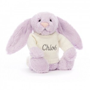MEDIUM Jellycat Bashful Lilac Bunny with Personalised Cream Jumper 31 CM X 12 CM, Jellycat USA | SA8536290