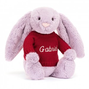 MEDIUM Jellycat Bashful Lilac Bunny with Personalised Red Jumper 31 CM X 12 CM, Jellycat USA | HW3920458