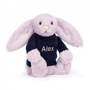 MEDIUM Jellycat Bashful Lilac Bunny with Personalised Navy Jumper 31 CM X 12 CM, Jellycat USA | NM3567298