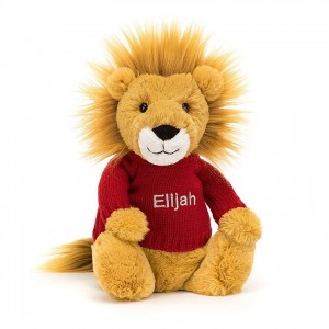 MEDIUM Jellycat Bashful Lion with Personalised Red Jumper 31 CM X 12 CM, Jellycat USA | VS4316250