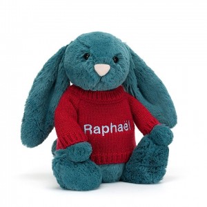 MEDIUM Jellycat Bashful Mineral Blue Bunny with Personalised Red Jumper 31 CM X 12 CM, Jellycat USA | LS5612048