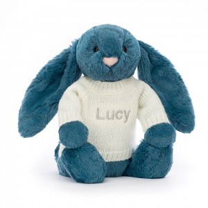 MEDIUM Jellycat Bashful Mineral Blue Bunny with Personalised Cream Jumper 31 CM X 12 CM, Jellycat USA | XZ2496531