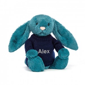 MEDIUM Jellycat Bashful Mineral Blue Bunny with Personalised Navy Jumper 31 CM X 12 CM, Jellycat USA | WM6819207