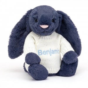 MEDIUM Jellycat Bashful Navy Bunny with Personalised Cream Jumper 31 CM X 12 CM, Jellycat USA | UJ8067314