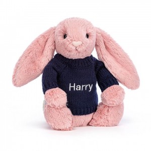 MEDIUM Jellycat Bashful Petal Bunny with Personalised Navy Jumper 31 CM X 12 CM, Jellycat USA | DZ1905238