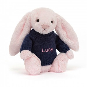 MEDIUM Jellycat Bashful Pink Bunny with Personalised Navy Jumper 31 CM X 12 CM, Jellycat USA | GT2801639