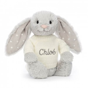 MEDIUM Jellycat Bashful Shimmer Bunny with Personalised Cream Jumper 31 CM X 12 CM, Jellycat USA | TC1483560