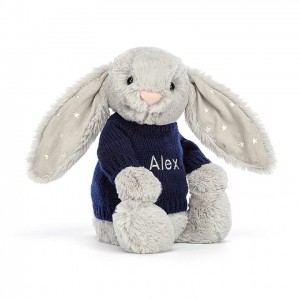 MEDIUM Jellycat Bashful Shimmer Bunny with Personalised Navy Jumper 31 CM X 12 CM, Jellycat USA | GC8234671