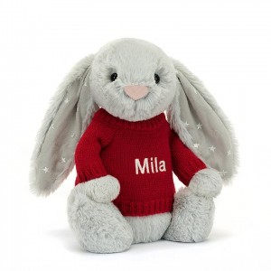 MEDIUM Jellycat Bashful Shimmer Bunny with Personalised Red Jumper 31 CM X 12 CM, Jellycat USA | ZE1630285