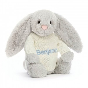 MEDIUM Jellycat Bashful Silver Bunny with Personalised Cream Jumper 31 CM X 12 CM, Jellycat USA | WN0764258