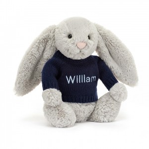 MEDIUM Jellycat Bashful Silver Bunny with Personalised Navy Jumper 31 CM X 12 CM, Jellycat USA | NW9612048
