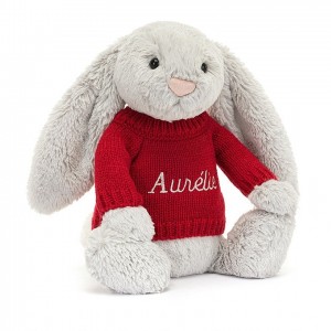 MEDIUM Jellycat Bashful Silver Bunny with Personalised Red Jumper 31 CM X 12 CM, Jellycat USA | KX9750621