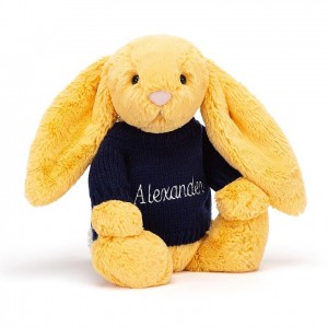 MEDIUM Jellycat Bashful Sunshine Bunny with Personalised Navy Jumper 31 CM X 12 CM, Jellycat USA | KA7359082