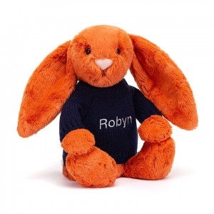 MEDIUM Jellycat Bashful Tangerine Bunny with Personalised Navy Jumper 31 CM X 12 CM, Jellycat USA | RN5872019